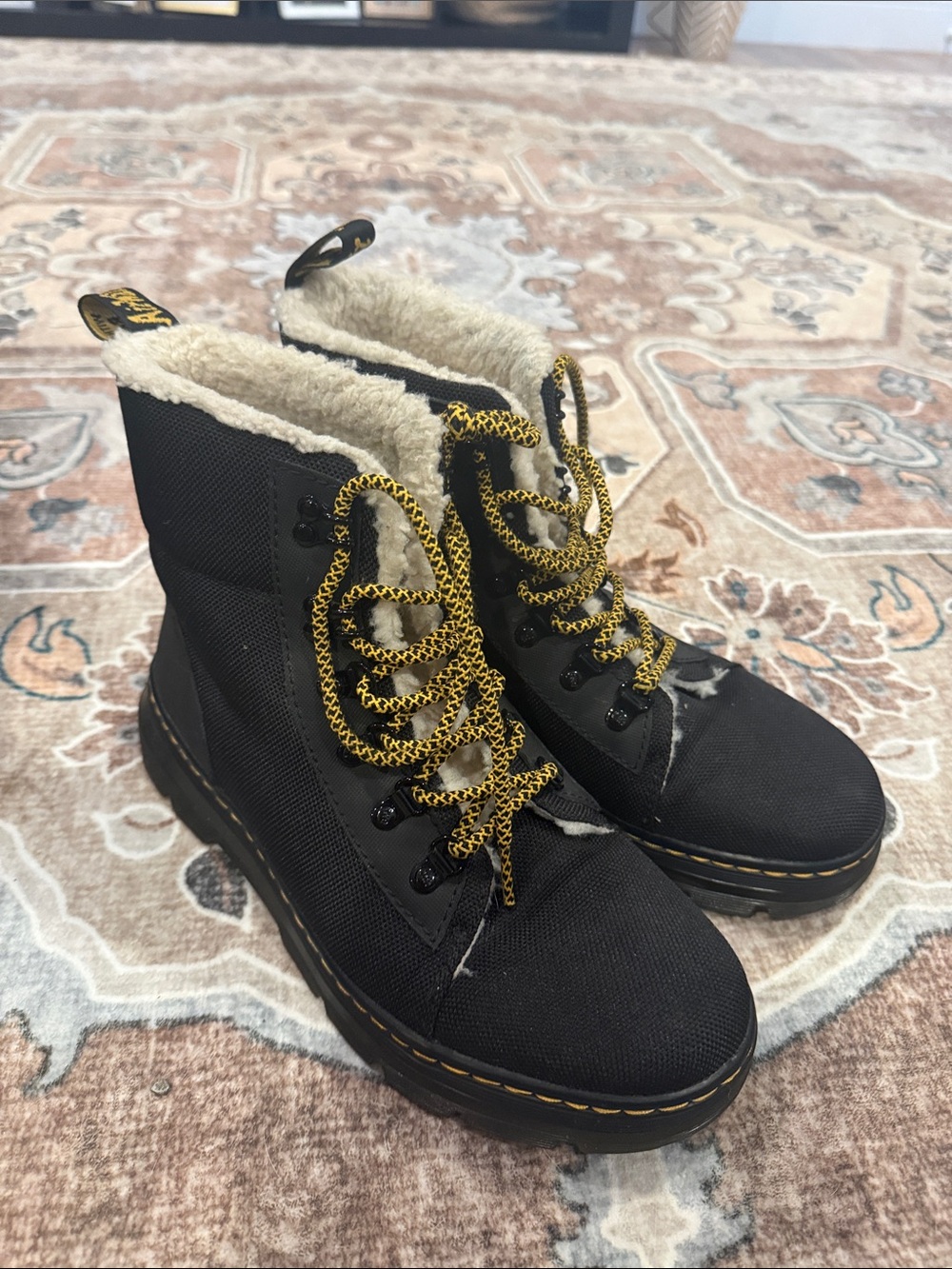 Dr. Martens Women's Black Lace-Up Winter Ankle Boots with Cream Sherpa Lining